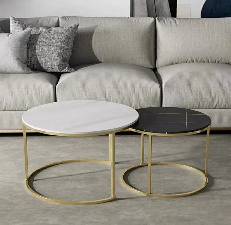 Home furniture living room modern gold small round cheap coffee table set with sintered stone top