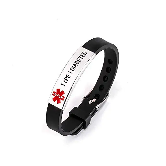 TYPE 1 Diabetic Silicone Bracelet Medical Alert QR code ID for Men and Women Adjustable Size Stainless Steel rubber wristband