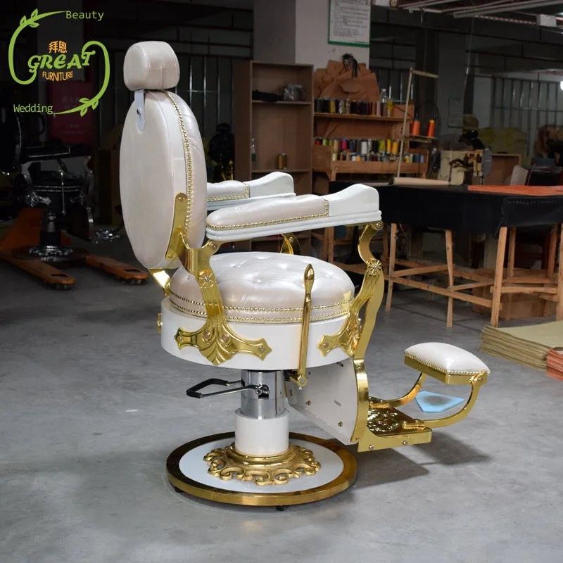 Best Selling Saloon Equipment White Golden Antique Barber Chair Retro Salon Chair And Furniture Luxury