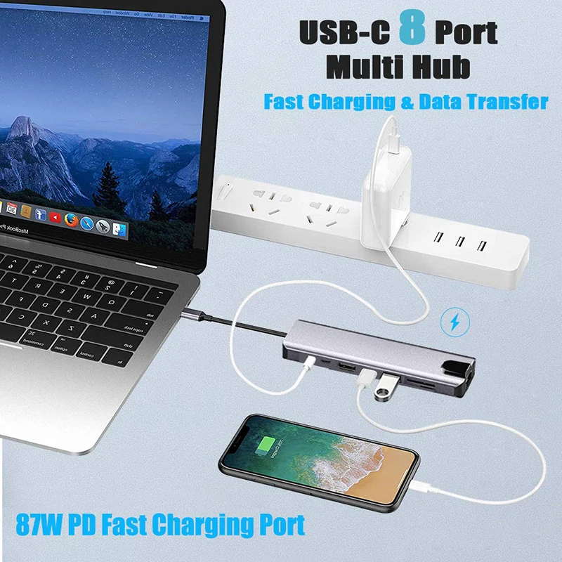 Многофункциональный адаптер концентратора Usb Type-C HDMI-совместимый 8 в 1 Usb-концентратор для Macbook Pro и ноутбуков Windows