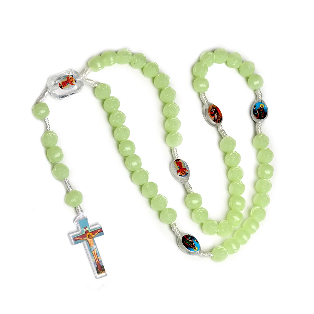 Wholesale In Stock 10MM Religious Luminous Beaded Necklace Prayer Church Glow In The Dark Jesus Cross Rosary Necklace