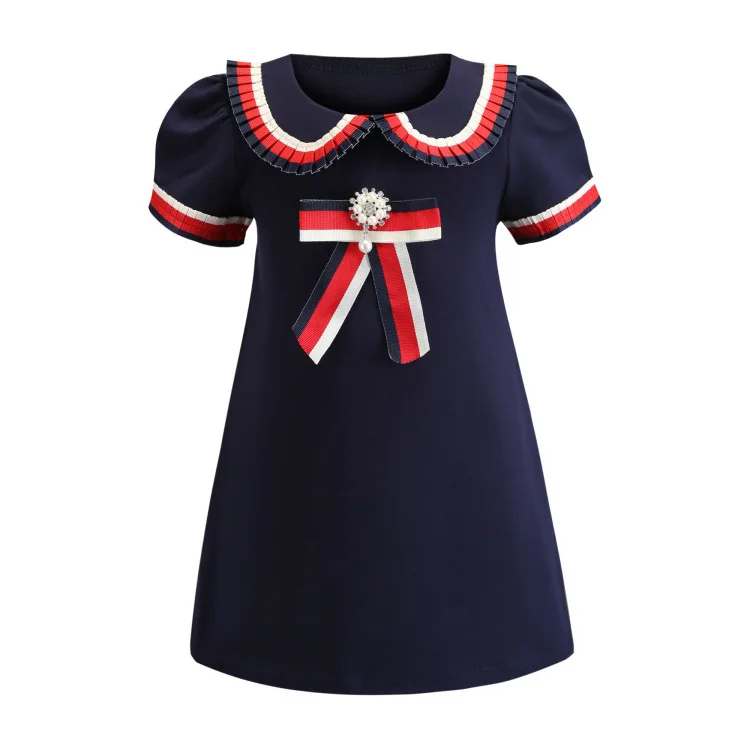 
Summer girls elegant dresses short sleeve turn down collar designer cotton baby kids clothing dress 