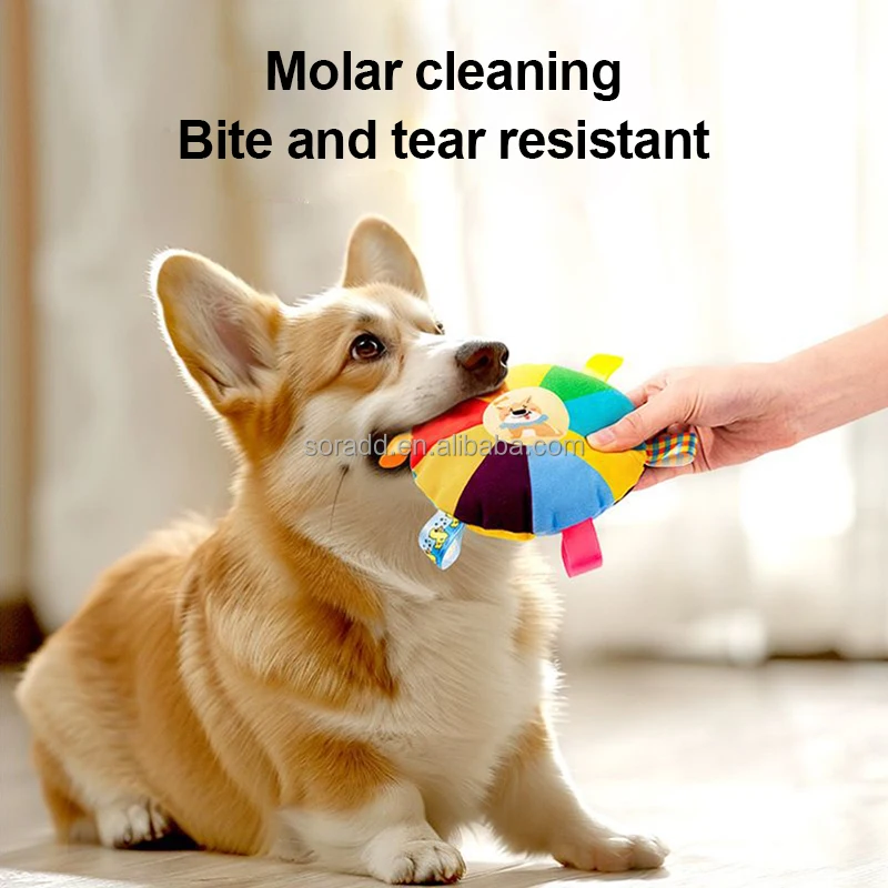 Interactive Flying Discs Chew Toys for Dogs Plush Pet Tug War with Washable Bite-Resistant Turntable Pattern Bells inside