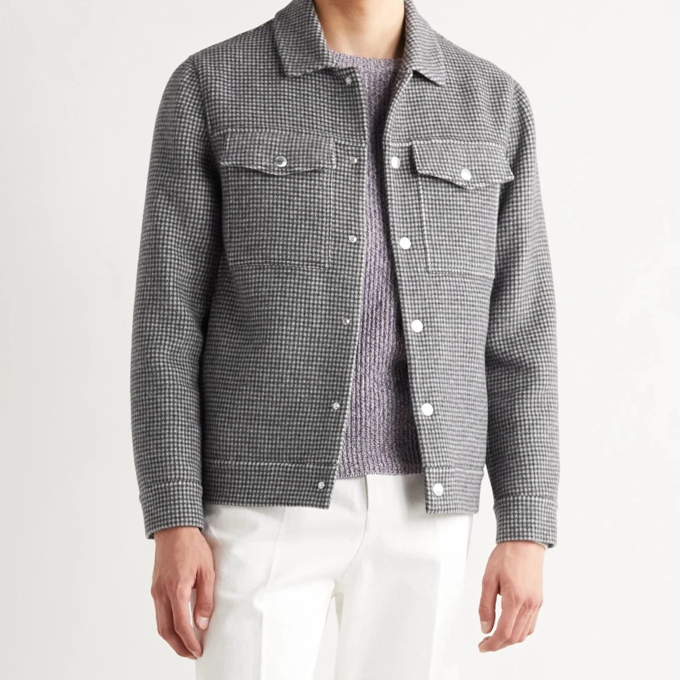 Custom chest patch pockts softshell virgin wool cashmere blend checked flannel overshirt jacket for men