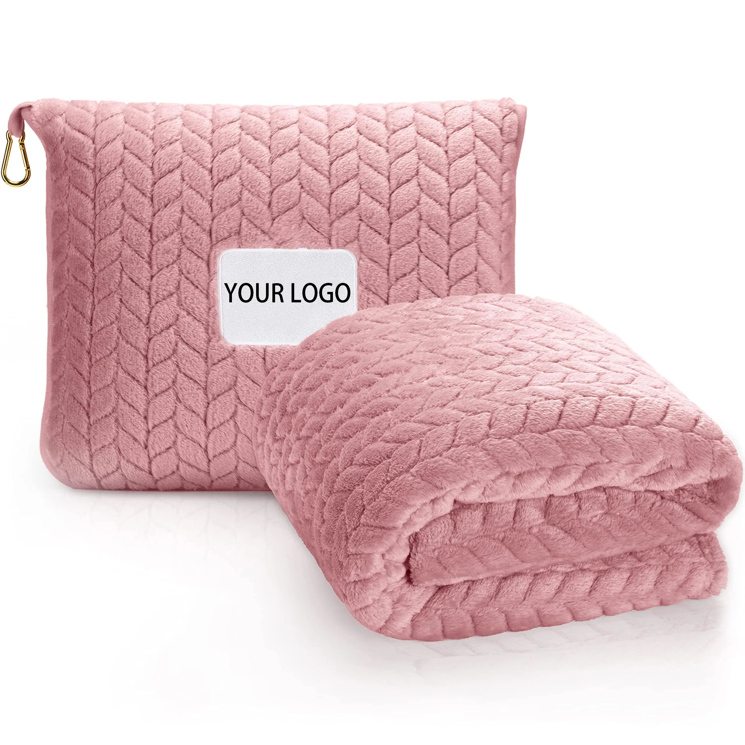 Custom Logo Flannel Soft Foldable 2 in 1 Airplane Blanket Premium Travel Blanket Pillow with Soft Bag Pillowcase