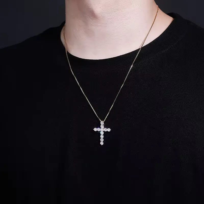 Cheapest Hip Hop 925 Sterling Silver Women Blue Pink Green 3mm Vvs1 Moissanite Diamond Box Chain Mens Cross Pendant Necklace