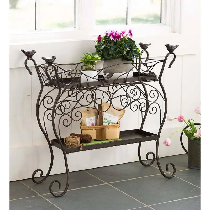 Plow & Hearth Two-Shelf Cast Iron Plant Stand with Birds