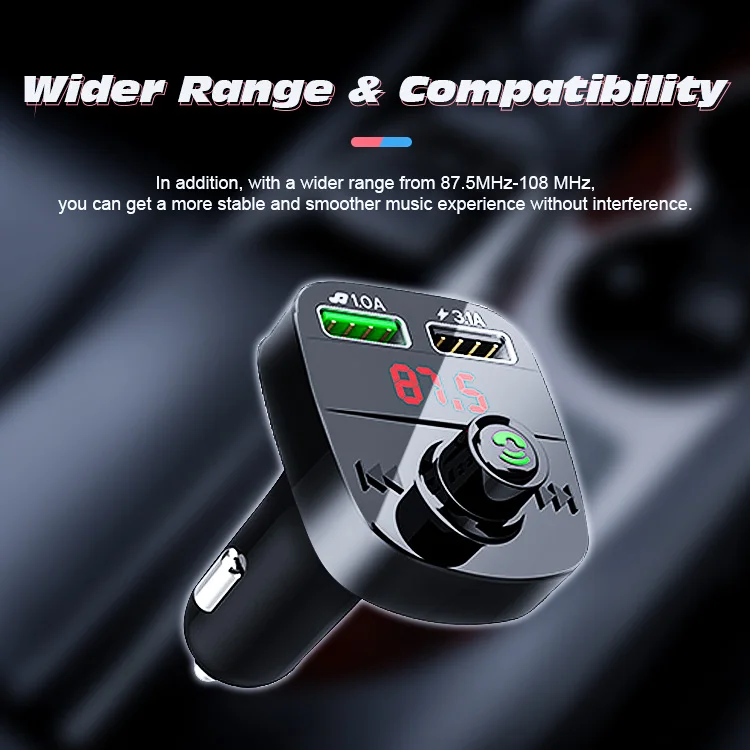 Hand free fast charger car MP3 wireless Car Fm Transfer Mp3 player Dual usb  Car Charger MP3