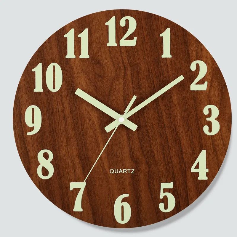 1pc 12 inch wooden luminous wall clock mute clock MDF wood grain creative luminous fluorescent clock