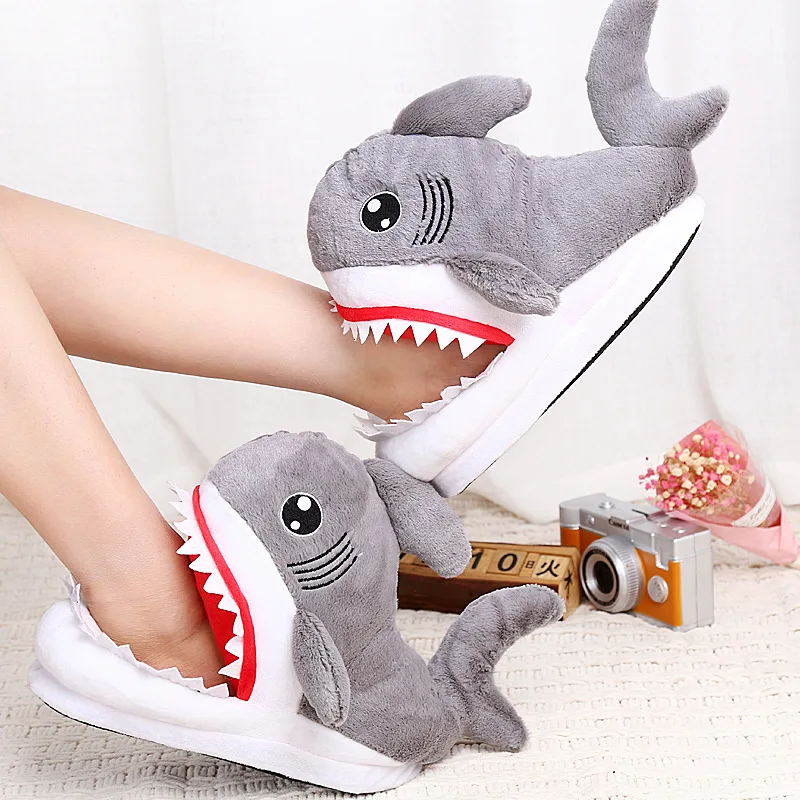 Y-Z Winter cartoon animal soft warm fuzzy shark shoes funny fluffy house indoor floor slippers
