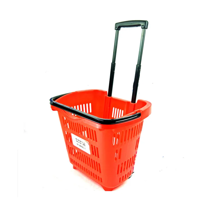  Factory Sale High Quality 45L Supermart Use Rolling Plastic Shopping Basket Telescoping Handle And