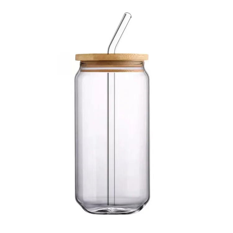Customized Straw Lid Mug  Sublimation Blank Tumbler Shaped Canning Glass Jars Cola Shape Soda 16oz Beer Can Glass Cup