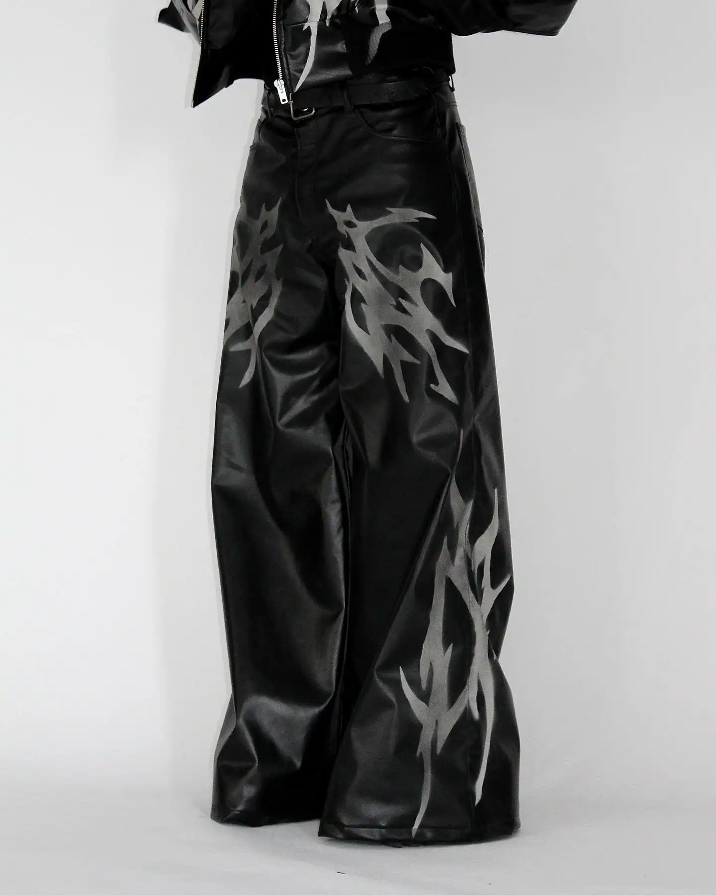 Customization Wholesale stylish stacked leather pants for men HIgh quality fashion embossed patchwork sexy leather pants men