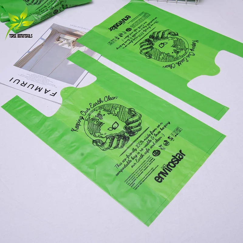 Custom Printed Biodegradable Supermarket Plastic Vest Tshirt Bag Plastic Carry Compostable Shopping Carry Bags