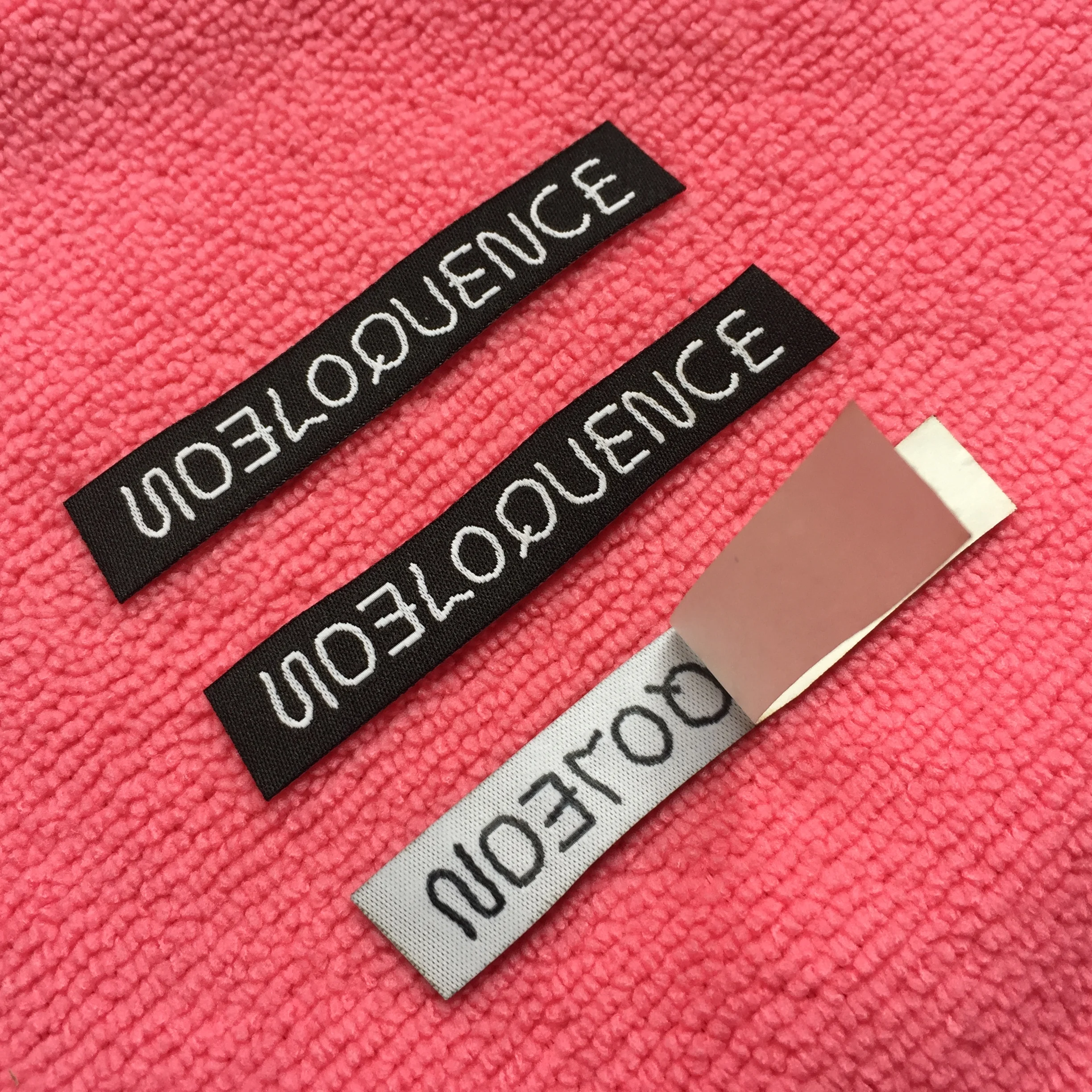 Good making sticky backing clothing label,iron on woven label for pets band