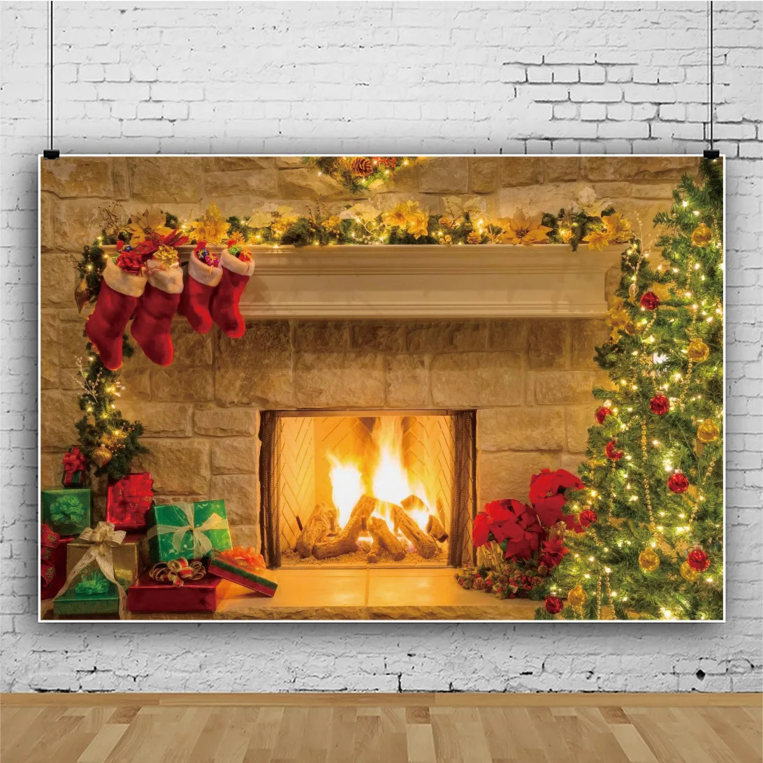 Custom Christmas Backdrops Fireplace Theme Background Cartoon Animals Blank Banner Birthday Party Photography Backdrop