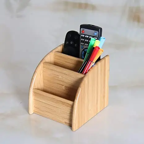 3-Compartment Office Desk Organizer Desk Organizer Bamboo Wood Phone Holder