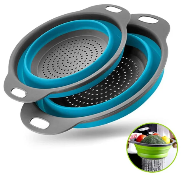 Dropshipping Europe 2 Round Silicone Kitchen Strainers by USSE in a Basket Collapsible Colander Set