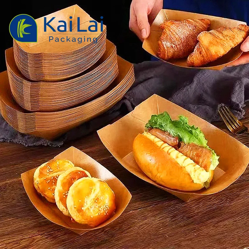 Recyclable Wholesale Food Paper Tray Chips Box Disposable Custom Print Paper Food Boat Tray French Fires Boat Container