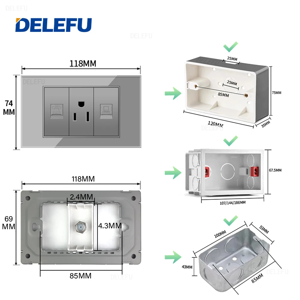 DELEFU glass grey panel American Standard series 118*74mm wall computer combination socket switch
