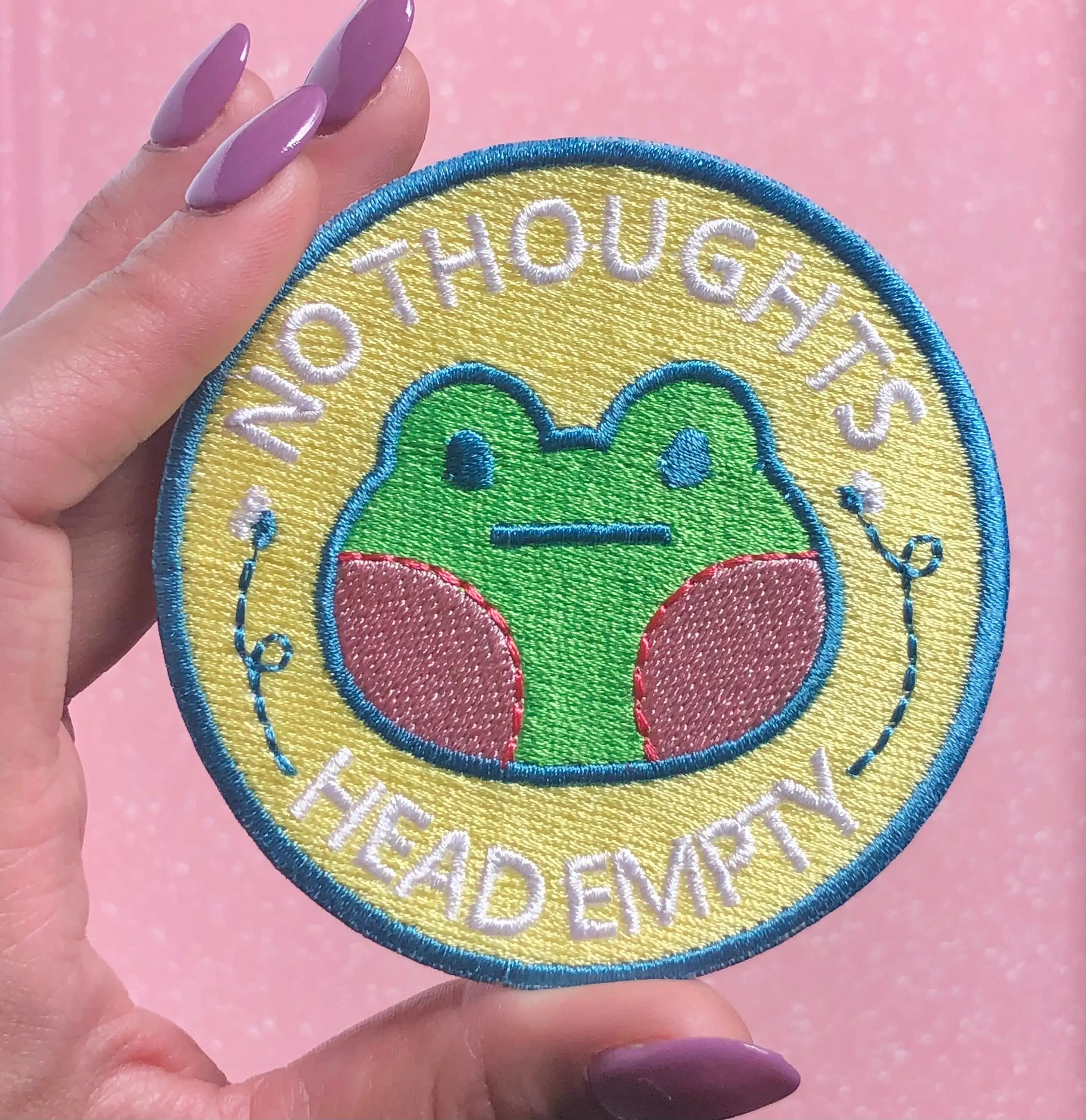 No thoughts head empty cute animal embroidered patches custom round shape cloth accessories iron on embroidery patch frog