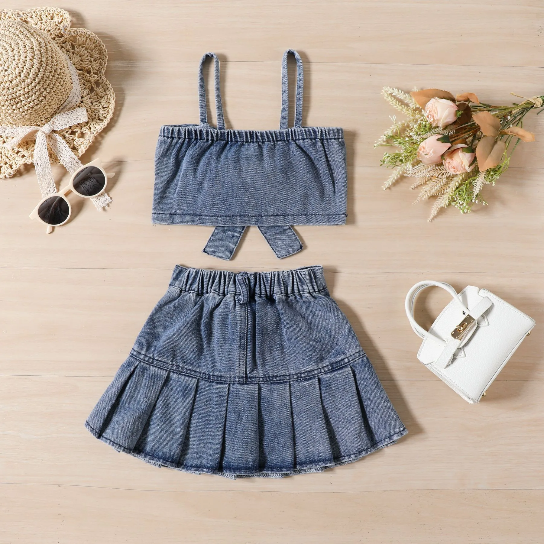 2Piece Summer Kids Boutique Clothes Girls Outfit Sets Fashion Denim Bow Sleeveless Baby Tops Skirt dresses Children Clothing