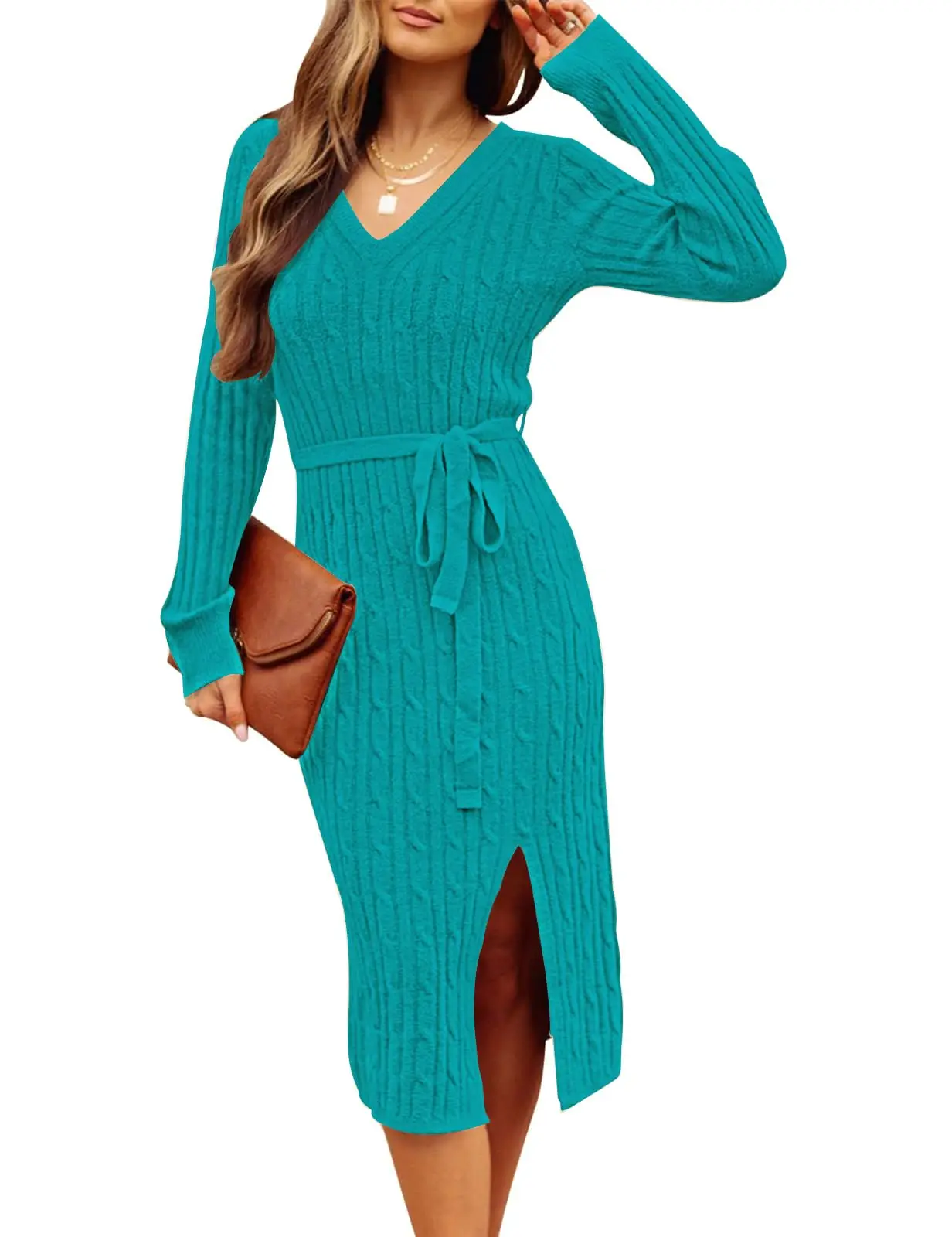 Long Sleeve V Neck Surplice Neck Twist Solid Midi Dresses Women Cable Knit