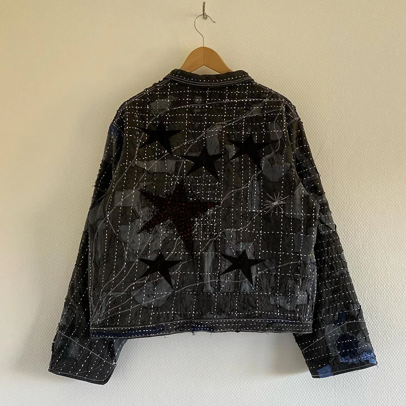 DIZNEW OEM custom plus size mens drop shoulder thick Jacket Street fashion embroidered jeans Jacket man