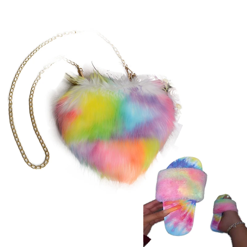 2021 Cheap Heart Shape Fur shoes and bag set Furry slippers Handbags Sets Rainbow Colorful purse and shoe sets Black Women