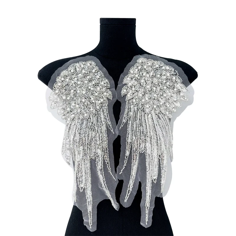 Elegant 3D Tulle Flower Lace Embroidered Heart-Shaped Canvas Rhinestone Bead Wing Patch Applique Romantic Wing Patch Rhinestone