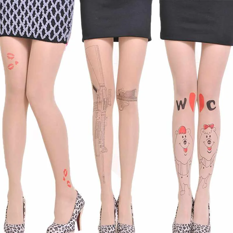 Women Sexy Tattoo Tights Hosiery Transparent Sheer Pantyhose Tights Cute Patterns Printed Pantyhose