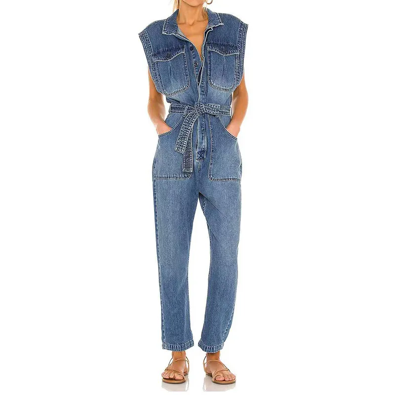 Resort Wear 2021 New Denim Sexy Wear Ropa Al Por Mayor Single-Breasted Waistband Multi-Pocket Long Denim Jumpsuit