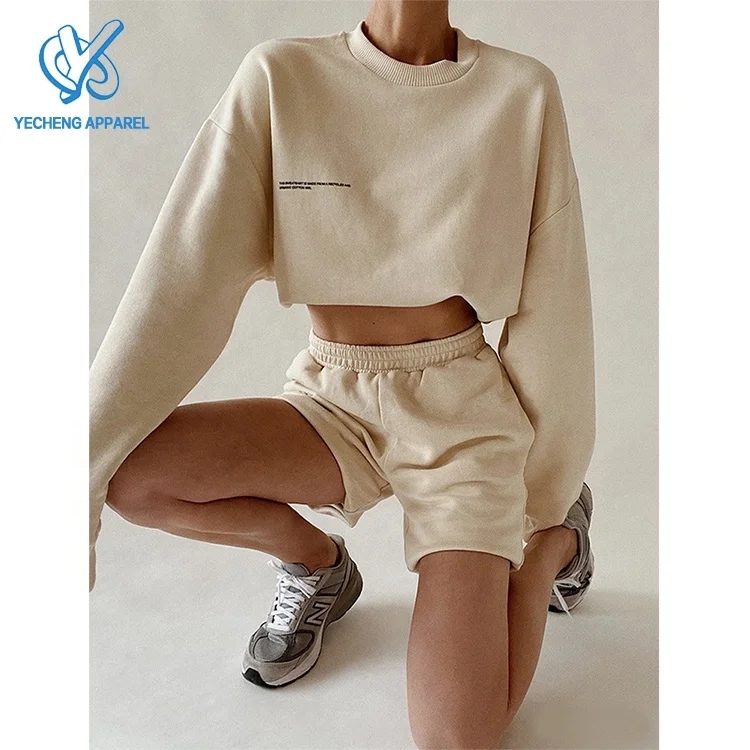 Wholesale Custom Logo 2 Pc Short Sets Crop Top Sweatshirt And Short Set Comfy Cotton Women Two Piece Short Sets