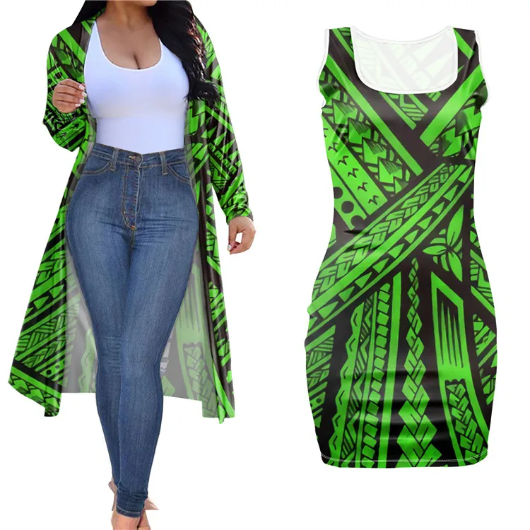 2022 Fashion Trendy Tribal Polynesian Set 2 Piece Outfits Long Sleeve Kimono Long And Sleeveless O-neck Short Dress Floral Print