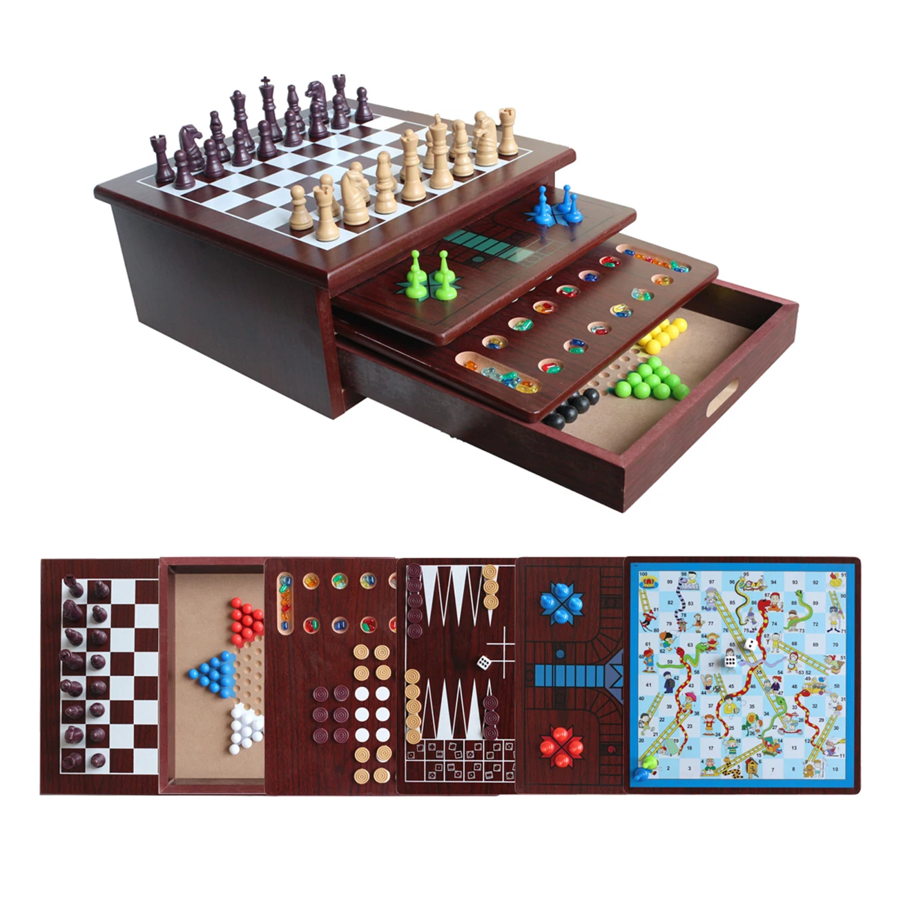 Multi-function Wooden 15 in 1 or 10 in 1 games set chess backgammon ludo checker sanke ladder mancala