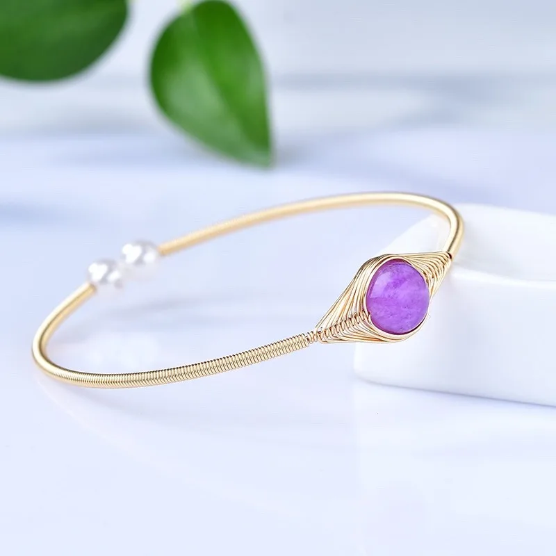 Natural Spiritual Energy Crystal Healing Fashion 14k Real Gold Bangle Cuff Open Moon Stone Magic Bracelets for Her
