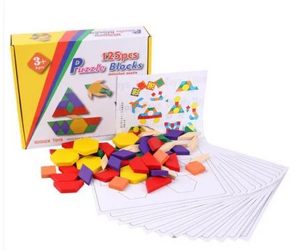 125pcs Wooden Tangram Puzzle Blocks Toddler Early Learning Games Kids Shape Color Cognitive Montessori Toys