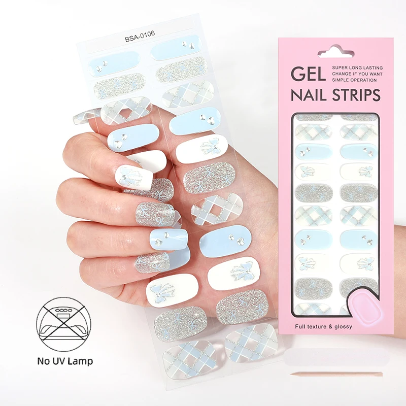 China factory OEM service Latest design Three-dimensional drill decorate no-baked gel nail sticker harden without UV lamp