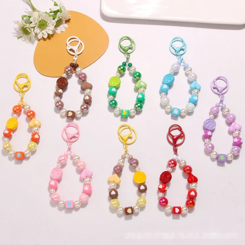 Mengda Double face smile beaded chain keychain pendant Creative paint lobster buckle accessories bag headphone sleeve decoration