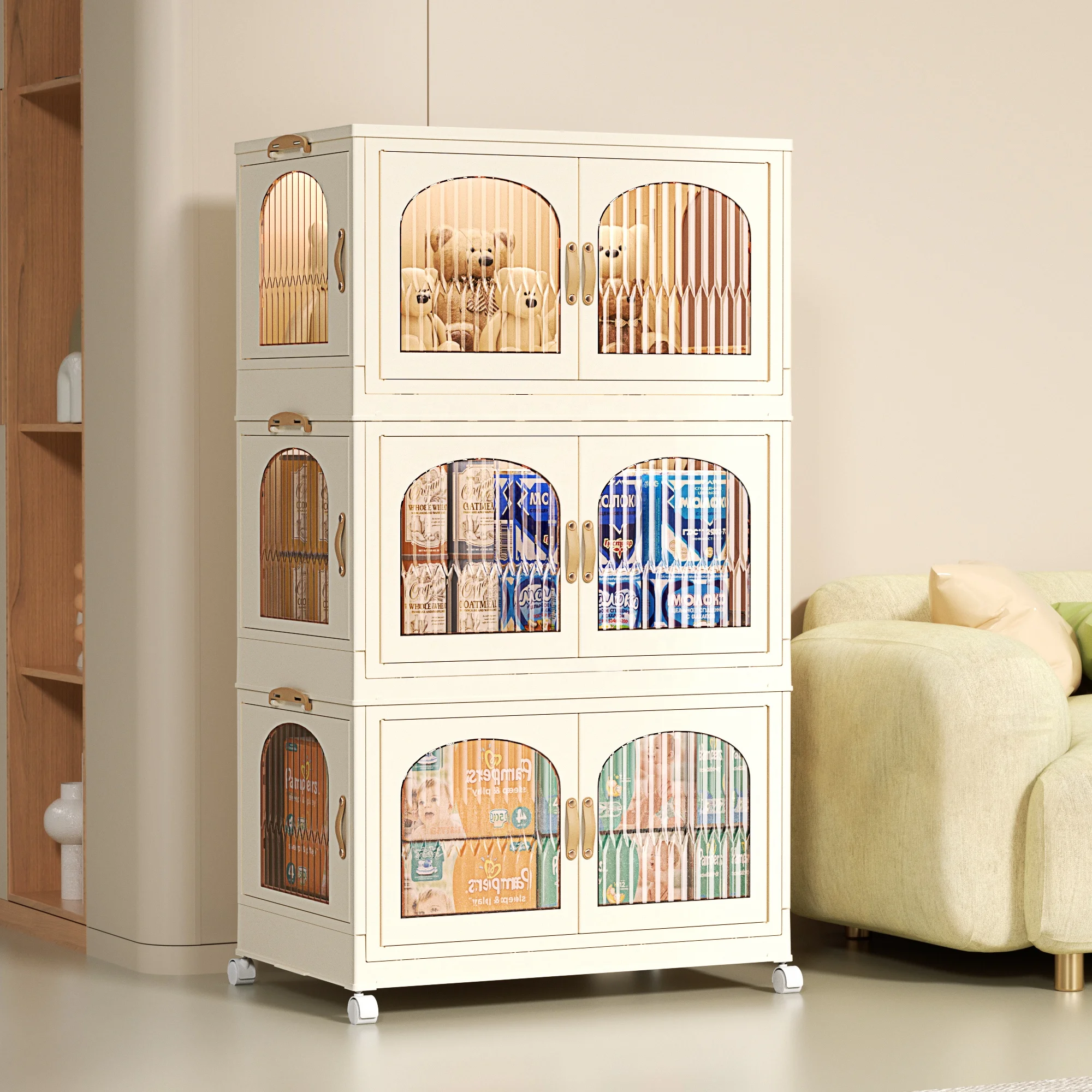 3 Packs 11 Gal Plastic Collapsible Storage Cabinet Box Organizers and Storage Containers with Wheels and doors