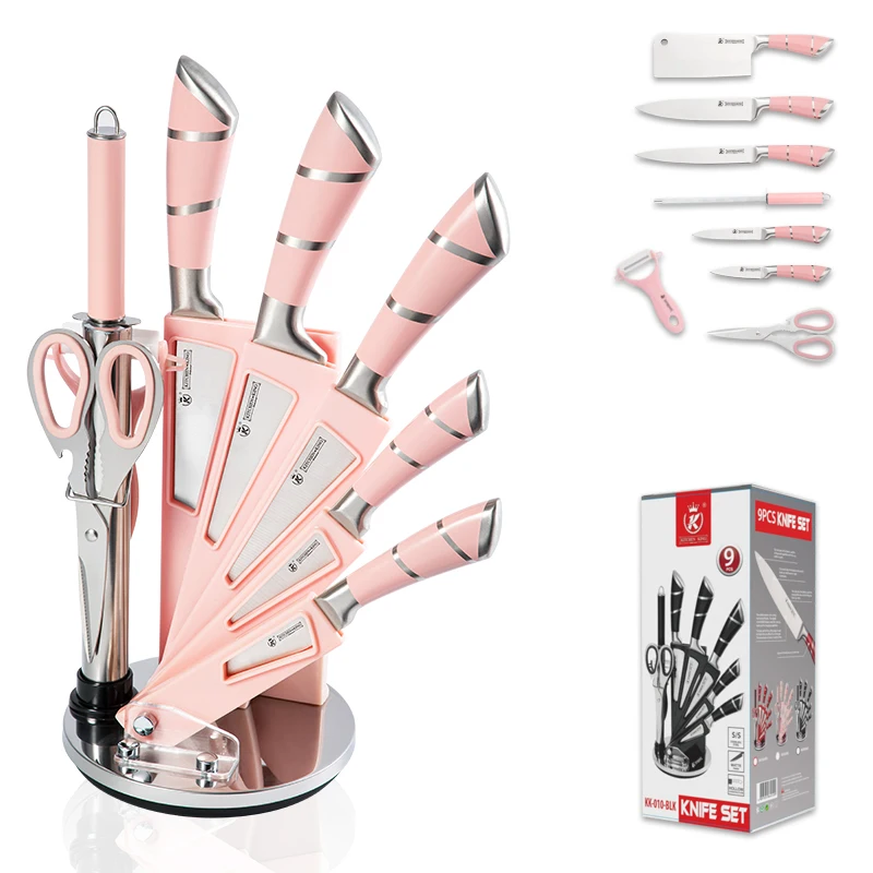 
Kitchen King 9 pcs stainless steel knife set with stand chef knife pink color handle gift set 