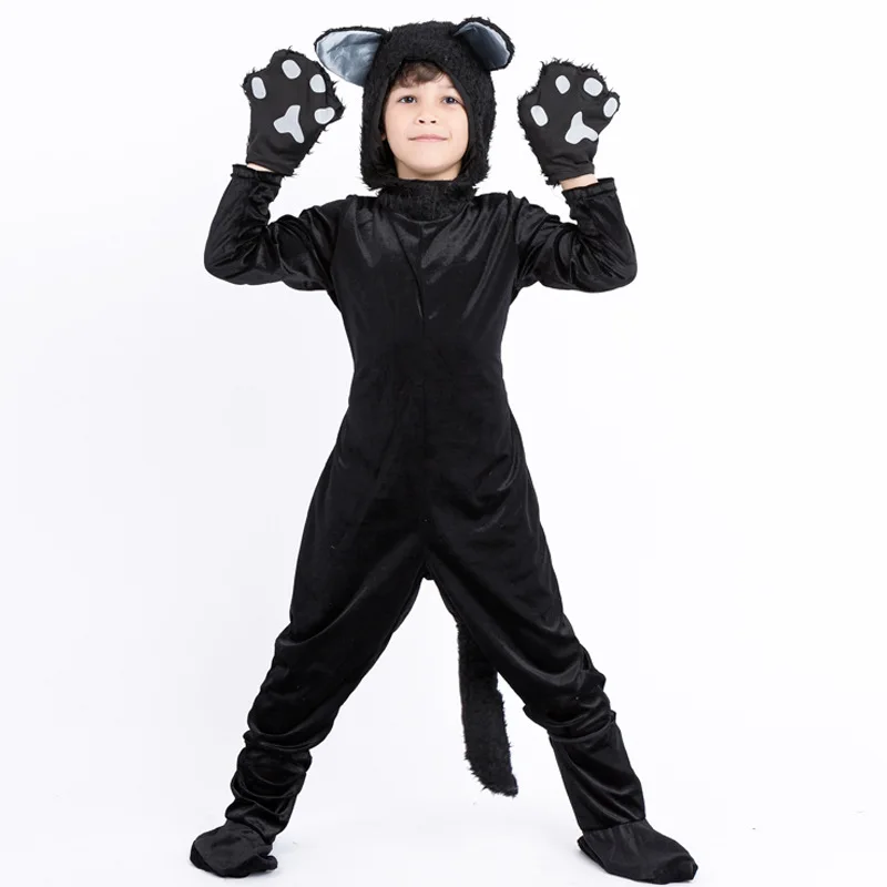 Family Cat Costume Black Cute Cat Cosplay For Kids Halloween Costume Cat Fancy Women Dress Animal Jumpsuit Men Boys