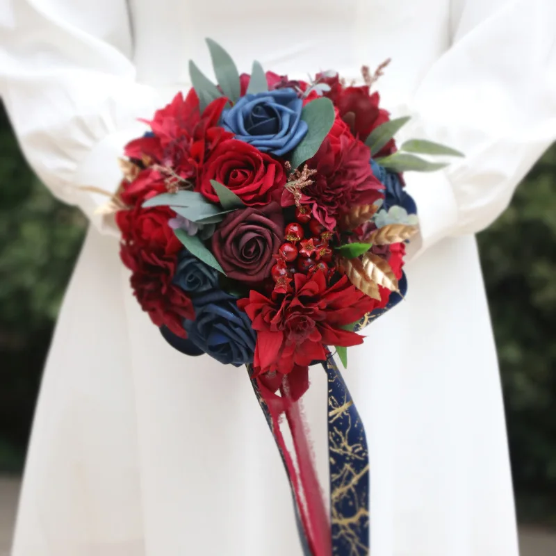 SPH051 Simulated Wine Red Royal Blue Bride Holding Artificial Flowers Traditional Chinese Marriage Bridal Bouquet For Wedding