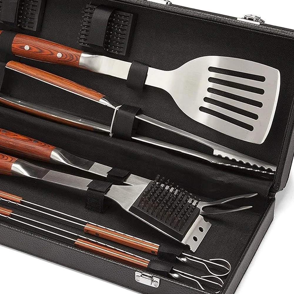 11-Piece Stainless-Steel Barbecue Grilling Tool Accessories Utensils Set with Spatula, Tongs, Forks, Brush, and Leather Case