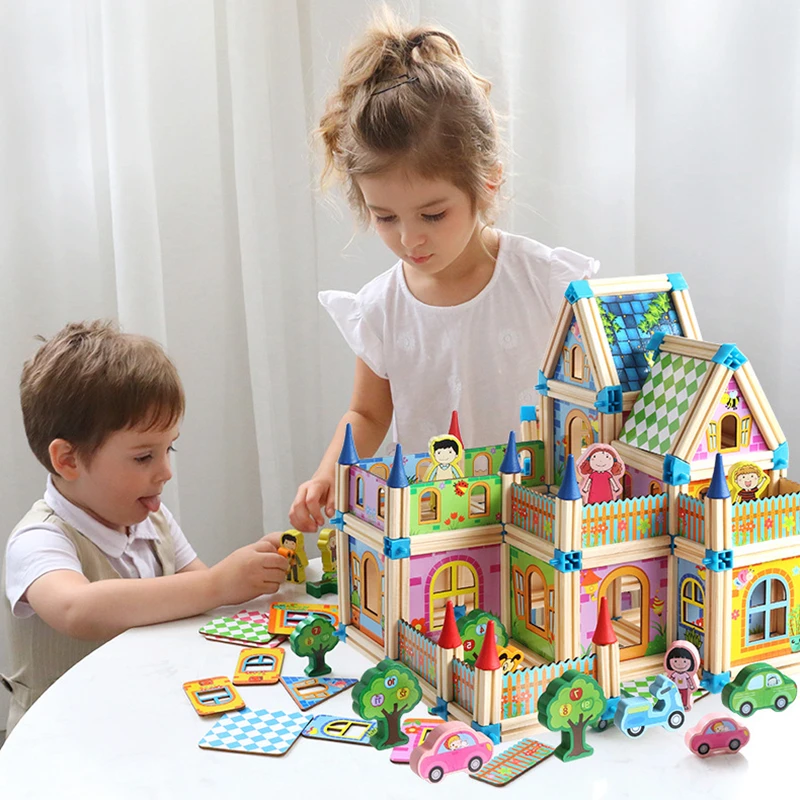 128/268pcs DIY Doll House Hand-Assembled Happy Family Building Blocks Sets DIY Educational Toys For Kids Girls Gift
