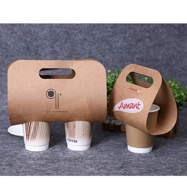 Custom logo recycle brown kraft paper coffee cup holder for take away