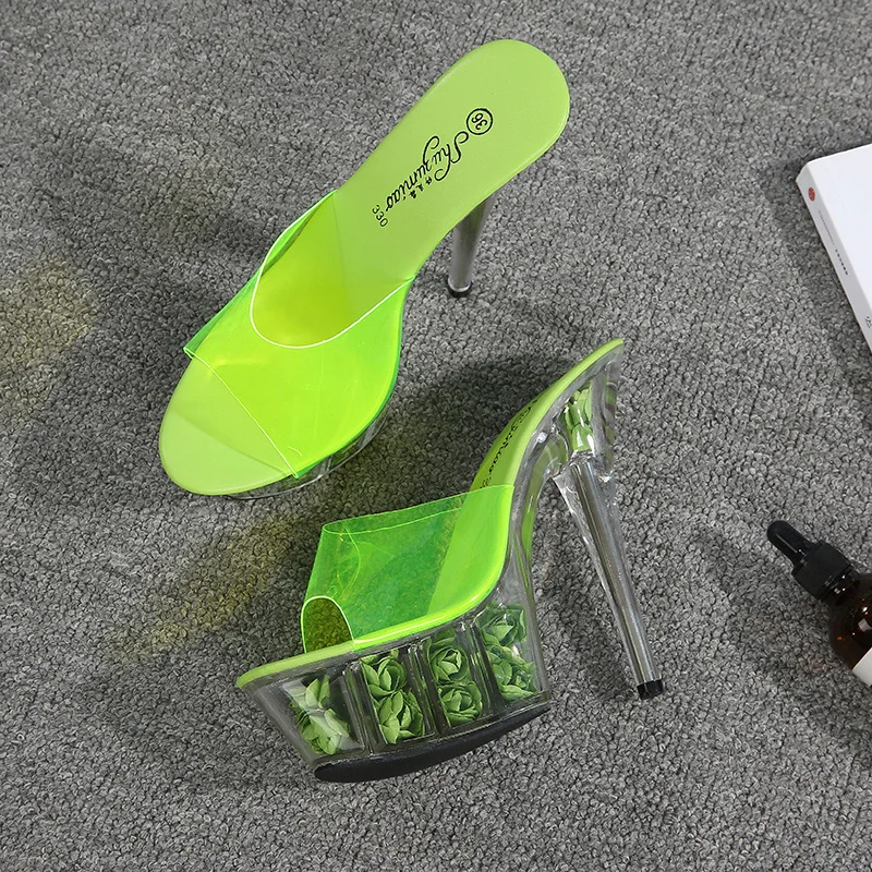 Stylish Women Heel Shoes 15 CM High Heels Flower Platform Slippers Thin Heel Sandals for Women and Ladies