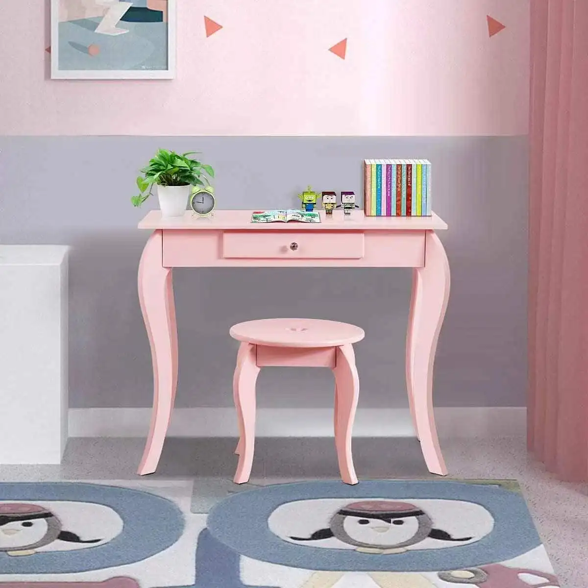 Kids Vanity Set with Mirror Children Dressing Table  Stool Set for Girls Makeup Vanities Wooden Dressing Table Baby Furniture