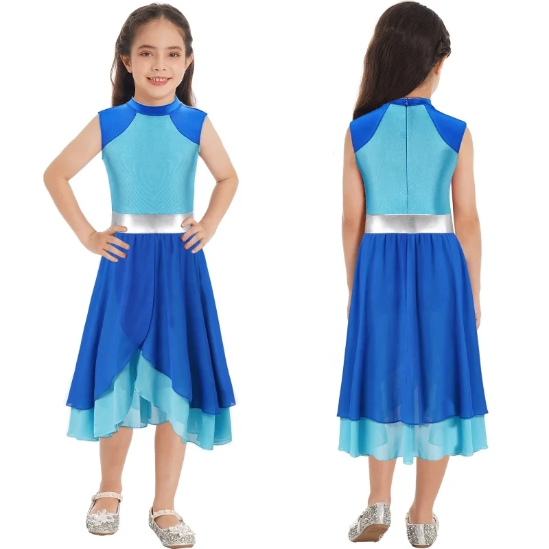 Kids Girls Color Block Dance Dress Mock Neck Sleeveless Tiered Wrapped Hem Praise Lyrical Dance Dress for Dancewear