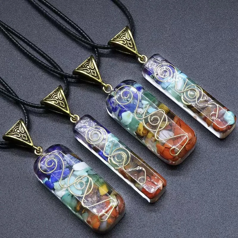 Wholesale Reiki Colorful Healing Stone 7 Seven Chakra Orgone Energy Pendulum Amulet Crystal Pendant Necklace